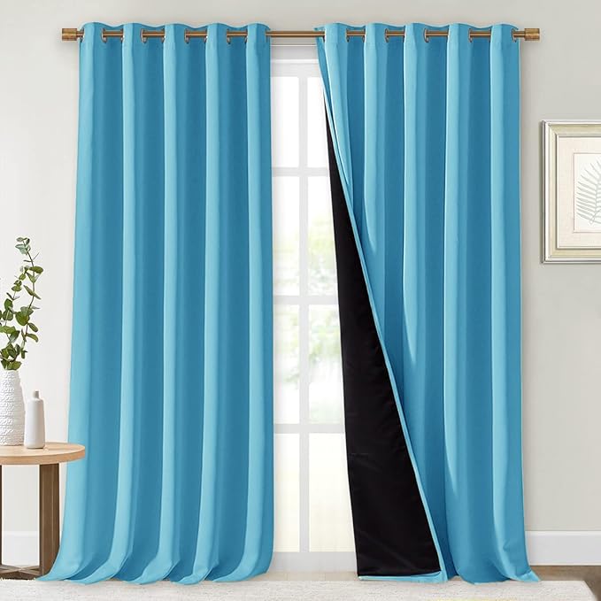 NICETOWN Insulated 100% Blackout Curtains, Noise Reducing Performance Drapes with Black Lining, Full Light Blocking Draperies for Overnight Shift Worker (Teal Blue, 1 Pair, 70 inches x 108 inches)