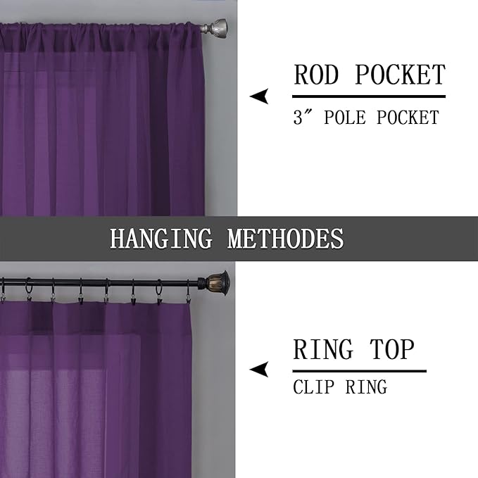 Tollpiz Sheer Curtain Linen Textured Living Room Curtains Sheer Light Filtering Rod Pocket Voile Curtain for Bedroom, 54 x 72 inches Long, Royal Purple, Set of 2 Panels