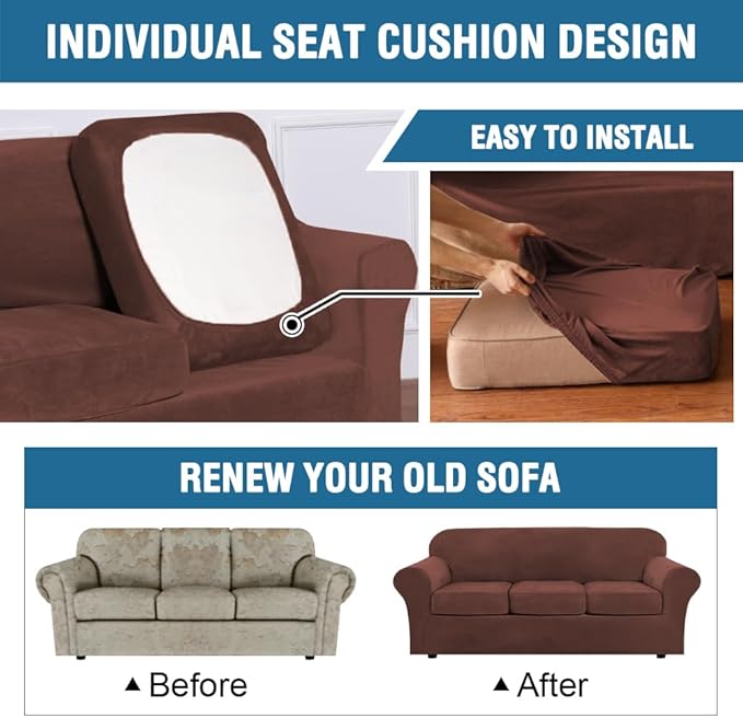 H.VERSAILTEX Modern Velvet Plush 4 Piece High Stretch Sofa Slipcover Sofa Cover Furniture Protector Form Fit Thick Velvet Sofa Cover for 3 Cushion Couch Width Up to 90 Inch (Sofa, Burnt Brick)