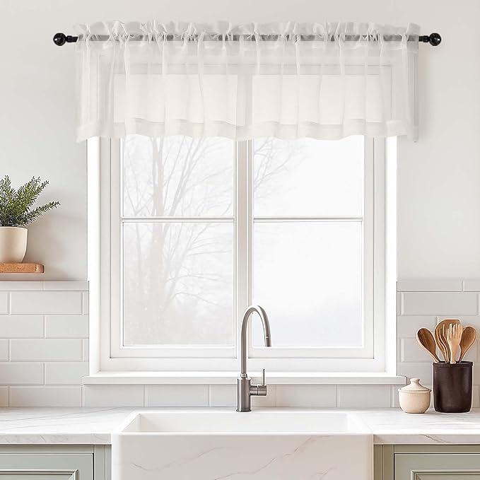 Ivory Valances for Windows 14 inch Length 2 Panels Set, Small Voile Sheer Curtains for Bathroom, Soft Fabric Lightweight Light Filtering Kitchen Curtains, Dual Rod Pocket, 2x42Wx14L Inches