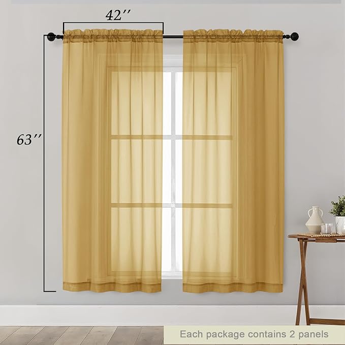 Sheer Gold Curtains for Bedroom Living Room 63 Inch Length 2 Panels, Airy Soft Light Filtering Sheer Dining Room Curtains, Modern Rod Pocket Drapes, Gold, Each 42" Wx63 L Inches