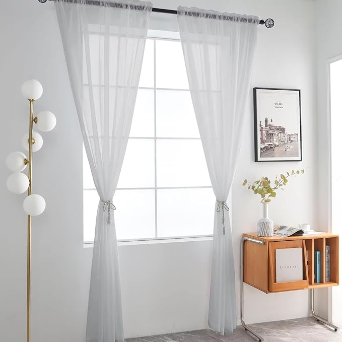 SpaceDresser Basic Rod Pocket Sheer Voile Window Curtain Panels Silver Grey 1 Pair 2 Panels 52 Width 96 Inch Long for Kitchen Bedroom Children Living Room Yard（Silver Grey, 52W x 96L）