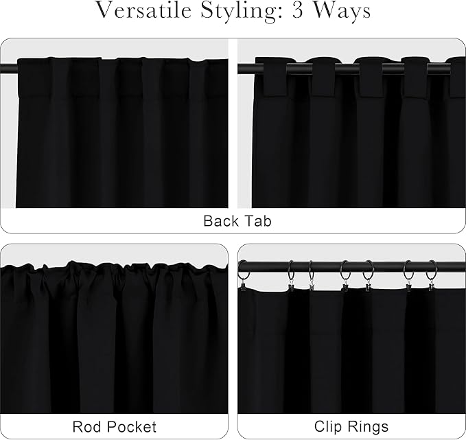 PONY DANCE Nursery Blackout Curtains - Thermal Insulated Panels Set Window Hidden Tab/Rod Pocket Light Blocking Curtain Drapes for Bedroom, 42-inch Wide by 54-inch Long, Black, 2 Pieces