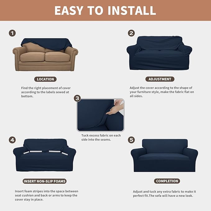 Easy-Going 100% Waterproof Loveseat Couch Cover, Dual Waterproof Sofa Cover, Stretch Jacquard Sofa Slipcover, Leakproof Furniture Protector for Kids, Pets, Dog and Cat (Loveseat, Dark Blue)