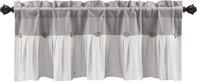Lush Decor Linen Button Farmhouse Valance Curtians 52"W x 18"L Gray & Off White - Linen Valances For Windows - Kitchen Curtains Valances