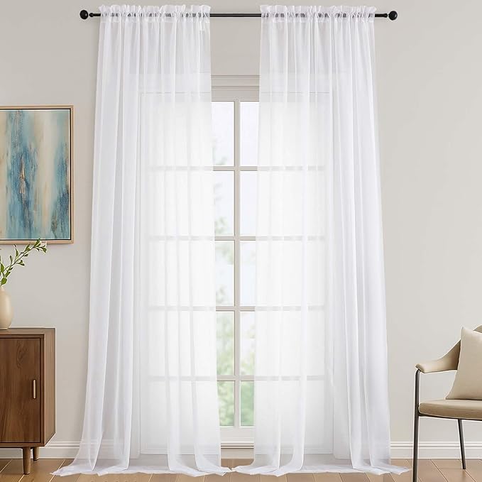OVZME White Sheer Curtains 120 Inches Long 2 Panels Set, 59 Inch Extra Wide Soft Airy Lightweight Sheer White Curtains for Living Room, Farmhouse Voile Filmy Rod Pocket Drapes, 59Wx120L Inches