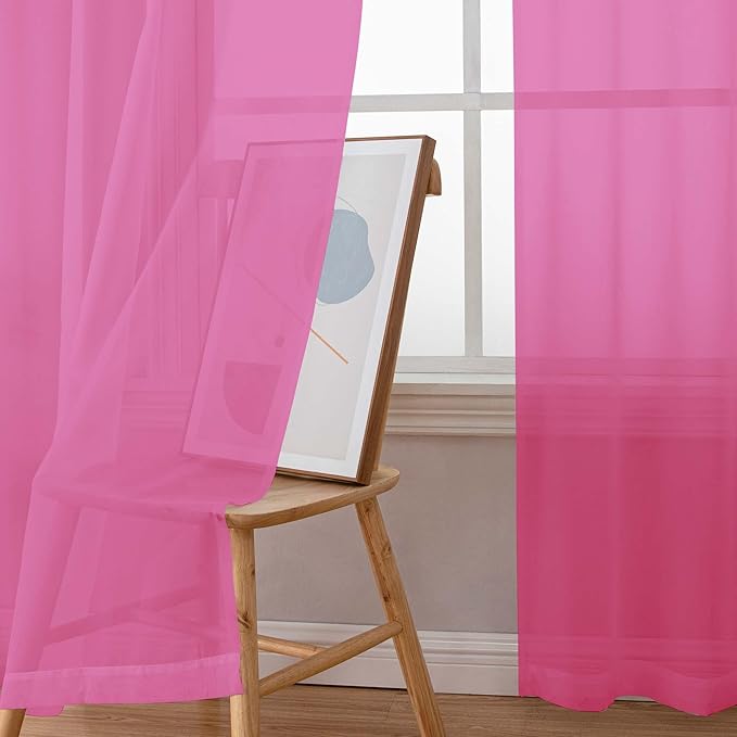 Simplebrand Hot Pink Sheer Curtains 96 Inches Long, Light Filtering Rod Pocket Solid Color Window Sheer Curtain Panels, Elegant Curtains & Drapes for Living Room, Bedroom 2 Panels 42" W x 96" L