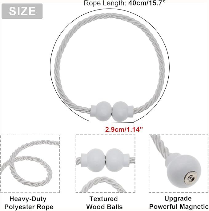 6 Pack Magnetic Curtain Tiebacks Modern Handmade Rope Curtain Tie Backs Decorative Drapes Weave Holdbacks for Home Outdoor Bedroom Office Decorative Curtain, White