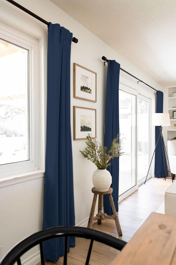 100% Blackout Shield Linen Blackout Curtains for Bedroom 90 Inches Long, Back Tab/Rod Pocket Living Room Drapes, Thermal Insulated Blackout Curtains 2 Panels Set, 50" W x 90" L, Midnight Blue