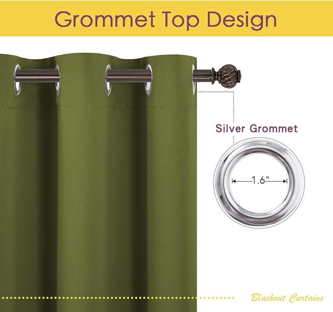 NICETOWN Blackout Window Curtains 80 inch Long, 2 Panels, 34 inch, Olive Green, Grommet Top Room Darkening Thermal Insulated Solid Vertical Drapes for Bedroom/Kid Room
