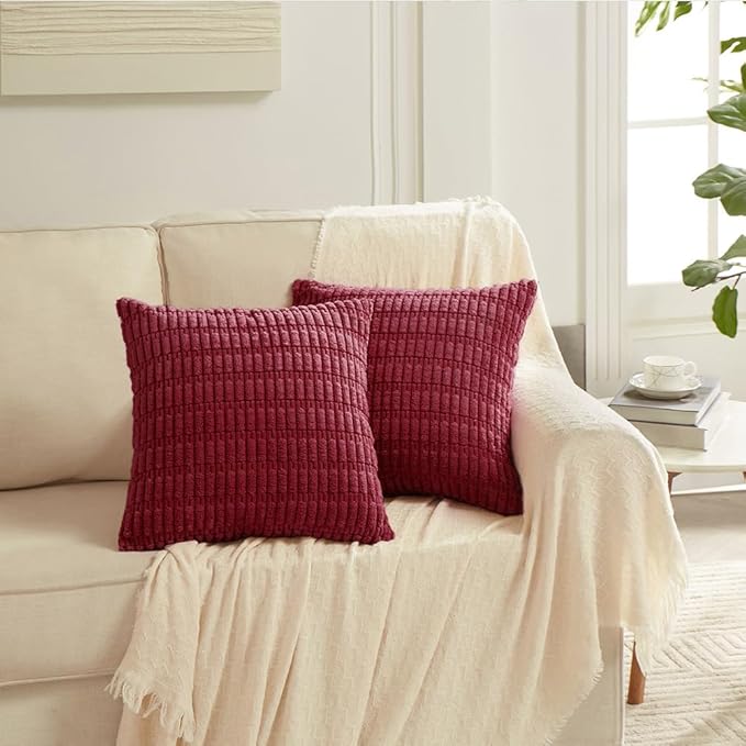 Fancy Homi 4 Packs Burgundy Decorative Throw Pillow Covers 22x22 Inch for Living Room Couch Bed, Holiday Christmas Home Decor Gift, Soft Plush Corduroy Cute Square Accent Cushion Case 55x55 cm
