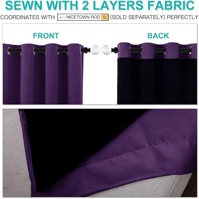 NICETOWN Room Warming 100% Blackout Curtain Panels, Black Liner Curtains for Kitchen Room, Noise Reducing and Cold Blocking Drapes for Windows (Set of 2, Royal Purple, 42-inch Wide by 63-inch Long)