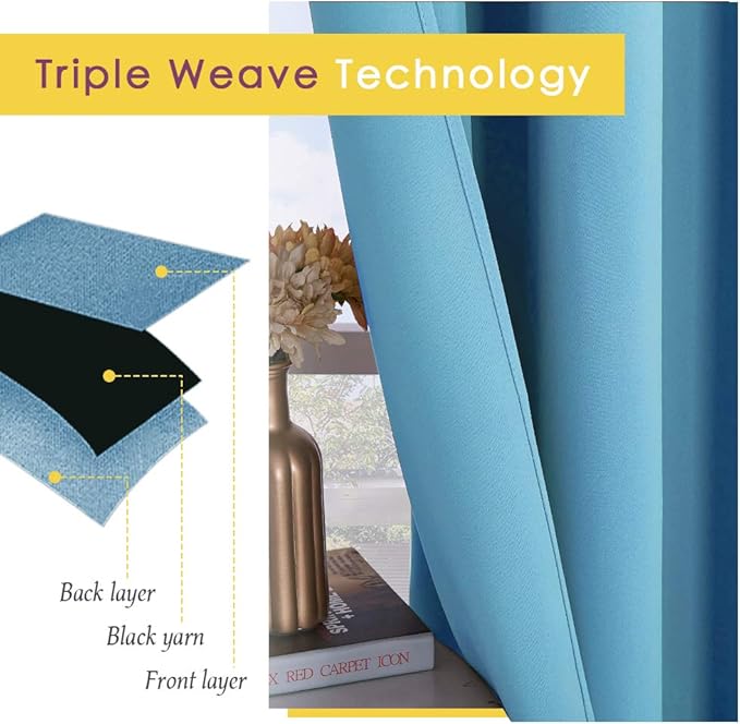 NICETOWN Blackout Curtains & Drapes for Bedroom, Teal Blue, W34 x L48, Set of 2, Triple Weave Grommet Top Thermal Insulated Light Blocking Panels for Bathroom/Living Room