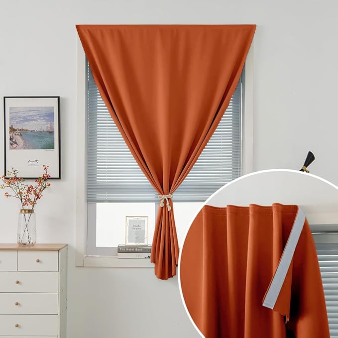 Self Adhesive Curtains Portable Blackout Curtain Simple and Easy to Install Bedroom Window Thermal Lnsulated Kitchen Room Darkening Black Small Drapes, 47" W X 71" L, Orange, 1 Panel