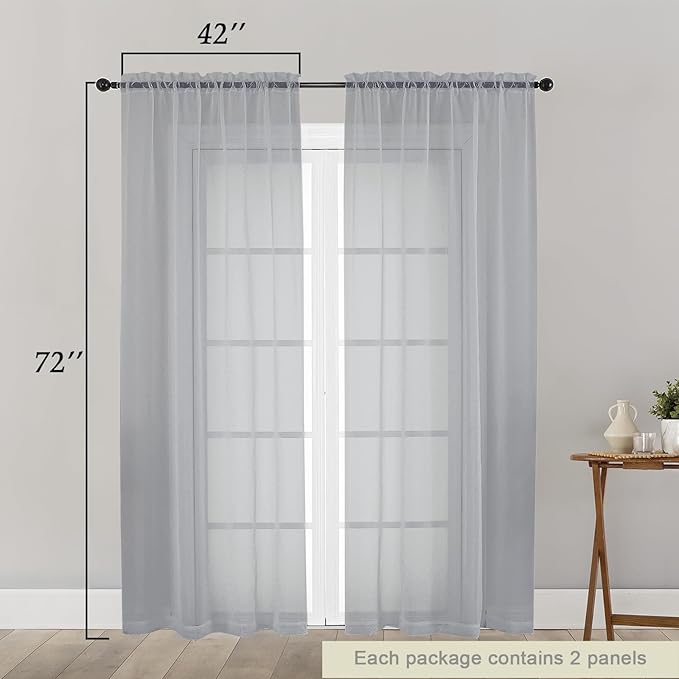 Light Grey Sheer Curtain for Bedroom Living Room 72 Inches Long 2 Panels Set, Solid Soft Light Filtering Sheer Window Curtains, Modern Rod Pocket Door Curtain, Light Grey, 42" Wx72 L Inches