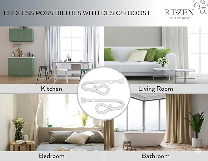 RTZEN Decorative Metal Curtain Tiebacks - Farmhouse Wrought Iron Curtain Holdbacks - Drapery Holders for Wall - Unique Metal Tie Backs for Curtains - 2 Pcs (White Loophole)