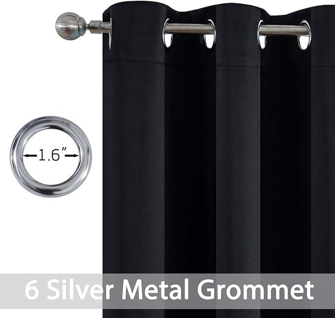 Yakamok 72 Inch Long Blackout Curtains for Bedroom, Thermal Insulated Grommet Drapes for Living Room, 38W x 72L, Black, 2 Panels