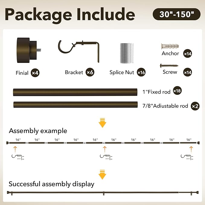 IFELS Heavy Duty Curtain Rods for Windows 72 to 144 Inch, 1 Inch Bronze Curtain Rods Set of 2 Pack for Outdoor Patio, Farmhouse, Bedroom, Adjustable Easy Install Modern Drapery Rod (Bronze,30-150-2p)