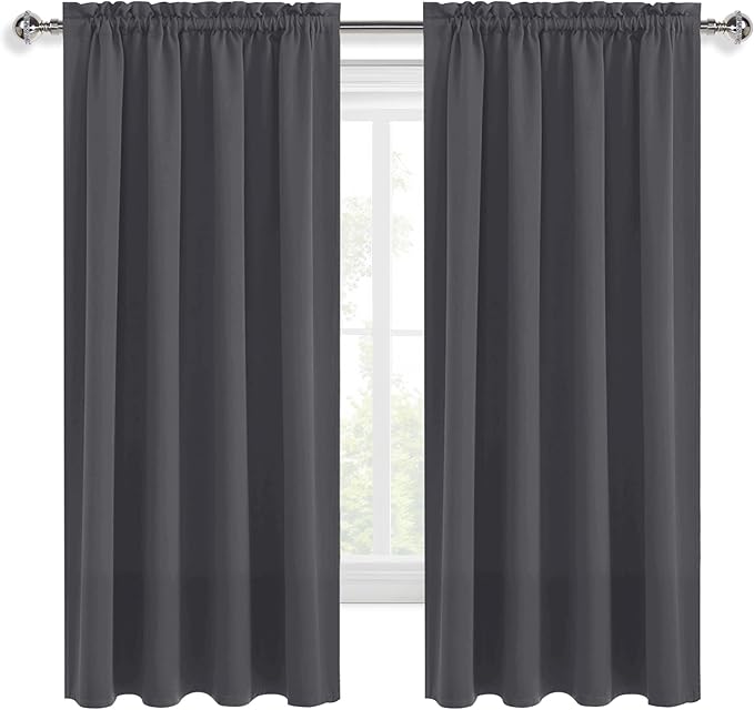 DWCN Kitchen Blackout Short Curtains for Bedroom 45 Inch Length 2 Panels Set, Solid Thermal Insulated Energy Saving Rod Pocket Window Treatment Curtains Blackout Draperies (W42 x L45 Inch, Dark Grey)