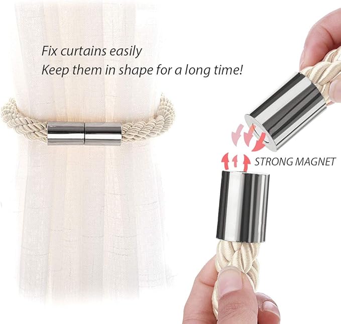 NICEEC 4 Pack Strong Magnetic Curtain Tiebacks Modern Simple Style Drape Tie Backs Convenient Decorative Weave Rope Curtain Holdbacks for Thin or Thick Home & Office Window Draperies (Beige)