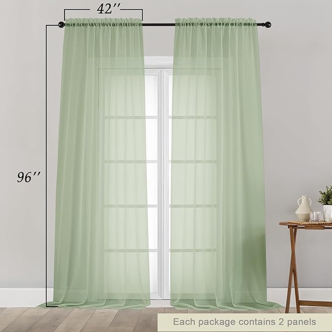 Light Green Sheer Curtains for Bedroom Living Room 96 Inches Long 2 Panels, Modern Airy Soft Lightweight Rod Pocket Light Filtering Sheer Curtains Drapes, Light Green, Each 42" Wx96 L Inch