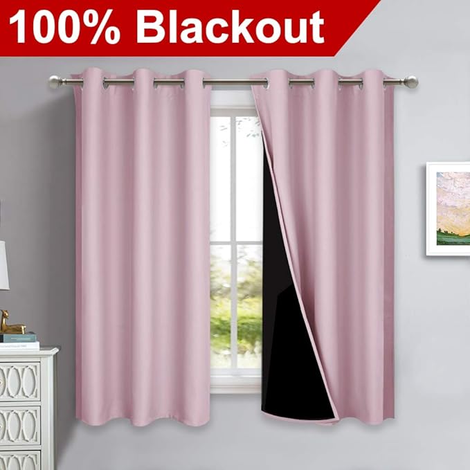 NICETOWN 100% Blackout Curtains 45 inches Long, 1 Pair, Baby Pink, 42 inches Width Each Panel, 2 Thick Layers Completely Blackout Window Treatment Thermal Insulated Lined Drapes for Small Window
