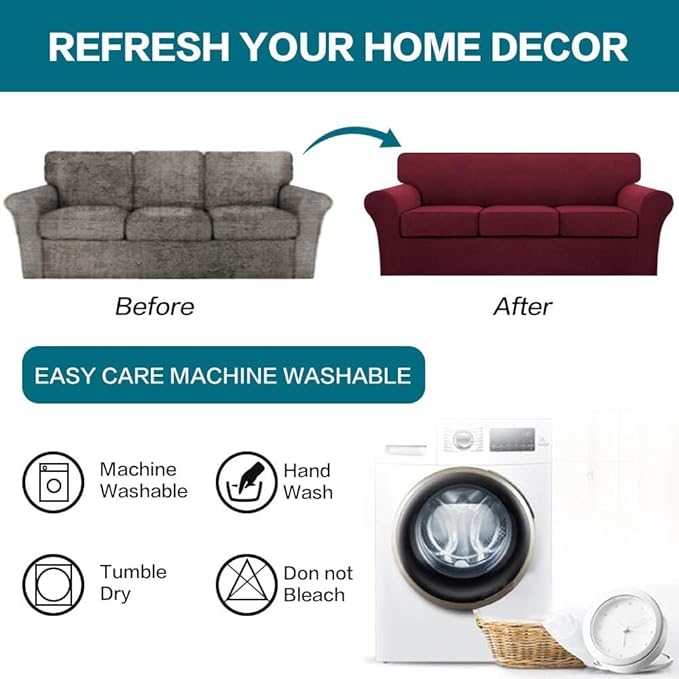 Turquoize 4 Piece Sofa Covers for 3 Cushion Couch Sofa Slipcover Soft Couch Cover for Dogs Washable Furniture Cover with 3 Individual Large Cushion Covers Feature Fabric (Large Sofa, Burgundy)