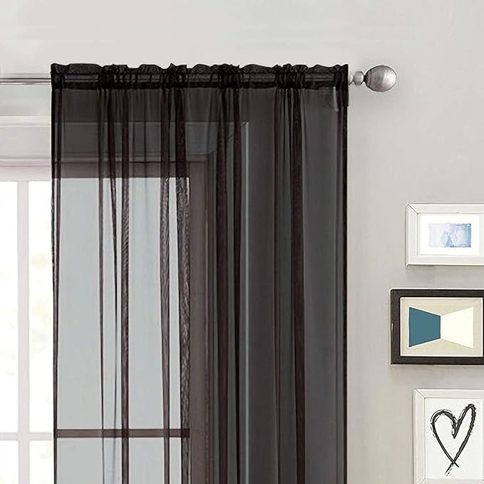 SpaceDresser Black Sheer Curtains 4 Panels Rod Pocket Semi-Sheer Curtain 45 Inches Long Light Filtering Voile Window Drapes for Bedroom Living Room Kitchen, Each 52W x 45L