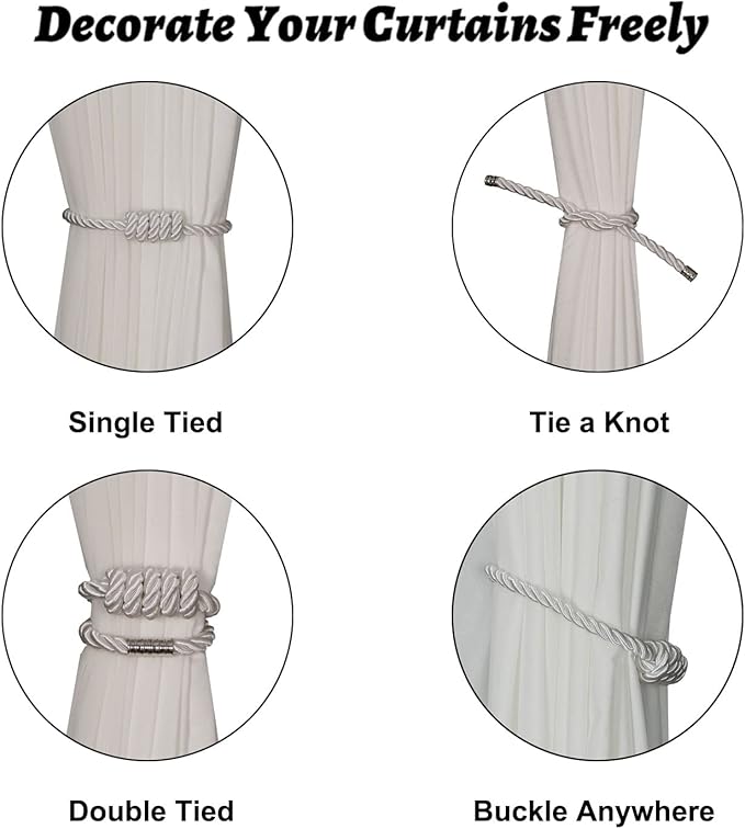 BEL AVENIR Magnetic Curtain Tiebacks, Decorative Drapery Holdbacks Modern Woven Tie-Backs with Exquisite Knot (White, 2 Pack)