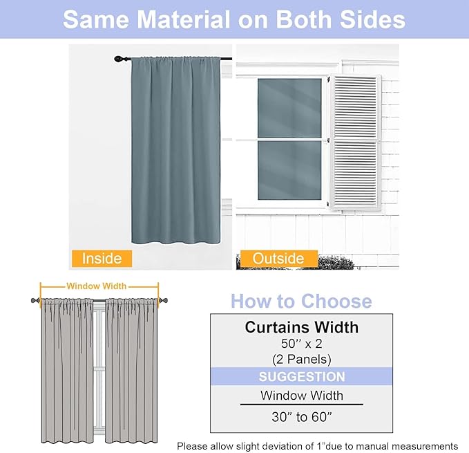 Simplebrand Ava Stone Blue Blackout Curtains for Bedroom 63 Inch Length 2 Panels Set, Solid Thermal Insulated Privacy Living Room Window Treatment Curtains Blackout Drapes, W50 x L63 Inch
