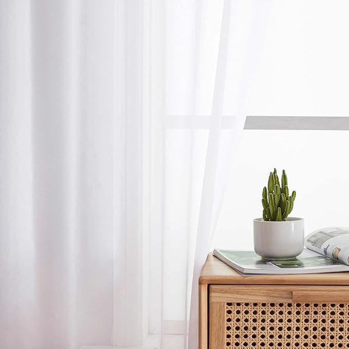 White Valances for Windows, White Sheer Curtains 14 Inch Length 2 Pack Kitchen Drapes, Modern Solid Mini Small Window Curtains for Cafe Bathroom Basement, Each 42" Wx14 L Inches
