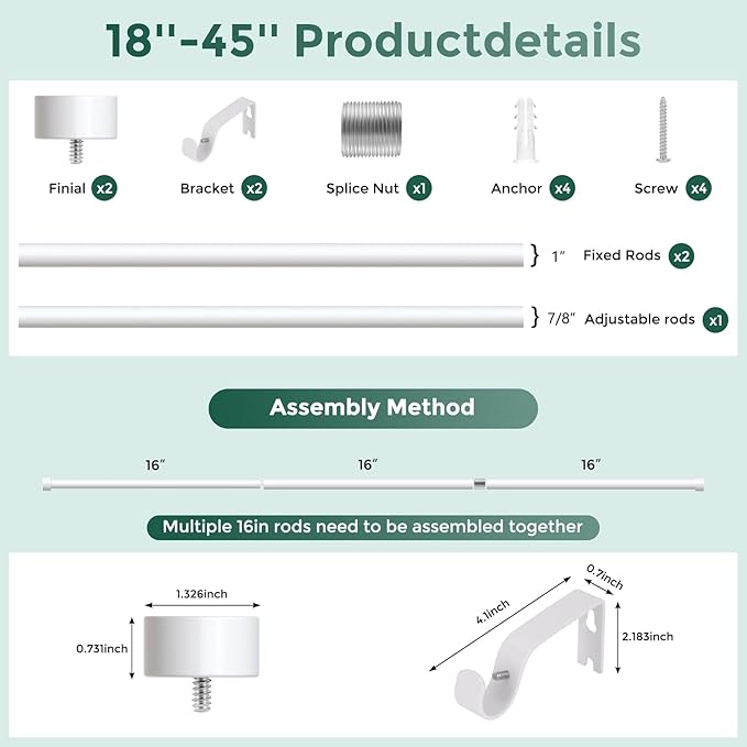 VOIIY White Curtain Rods for Windows 18 to 42 Inch(1.5-3.5 Feet),1" Diameter Drapery Rods with Modern Style End Cap Finials,Size:18''-42''