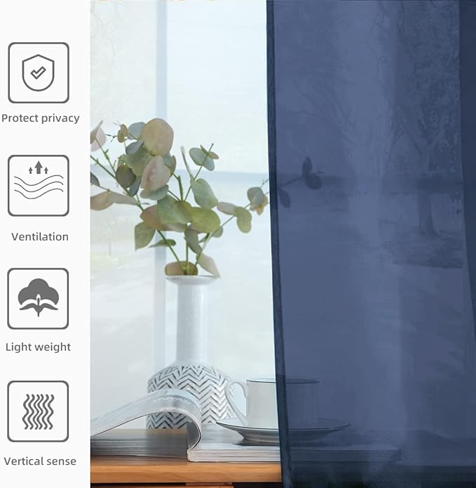 youleyar Solid Sheer Rod Pocket Curtain Voile Draperies 2 Panels White Beige Black Grey Coffee 52 Inch Width 54 Inch Long 1 Pair for Kitchen Bedroom Children Living Room Yard (Navy,52Wｘ54L)