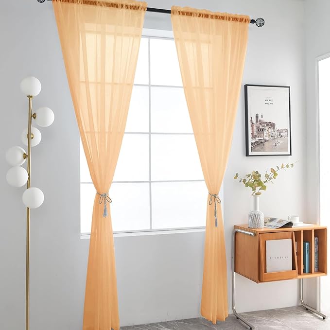 SpaceDresser Sheer Voile Window Treatment Rod Pocket Curtain Panels for Kitchen Bedroom Living Room Drapes Sunlight Filtering Privacy Semi Home Decor Assorted (Beige, 52 W x 45 L)