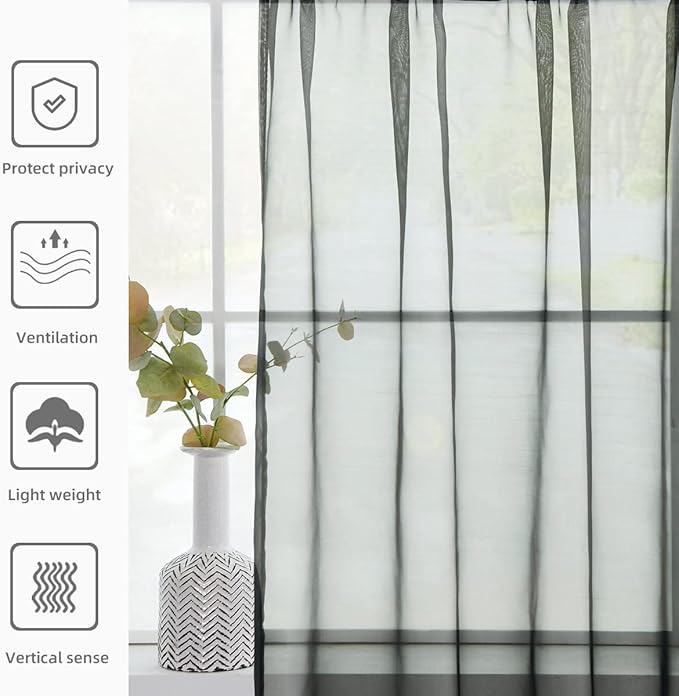 youleyar Solid Sheer Rod Pocket Curtain Voile Draperies 2 Panels White Beige Black Grey Coffee 38 Inch Width 84 Inch Long 1 Pair for Kitchen Bedroom Children Living Room Yard(Black,38Wｘ84L)