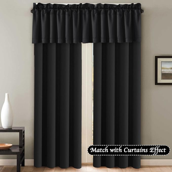 H.VERSAILTEX Blackout Valances for Windows,Black Kitchen Valance Curtains for Living Room/Bedroom/Bathroom/Basement Privacy Rod Pocket, 4 Panels 52" W x 18,Black