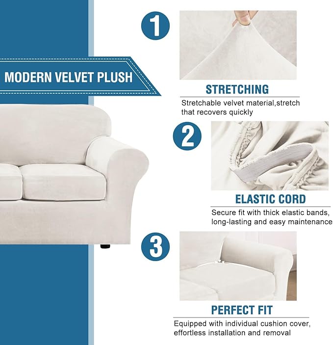 H.VERSAILTEX Modern Velvet Plush 4 Piece High Stretch Sofa Slipcover Sofa Cover Furniture Protector Form Fit Thick Velvet Sofa Cover for 3 Cushion Couch Width Up to 90 Inch (Sofa, Porcelain White)