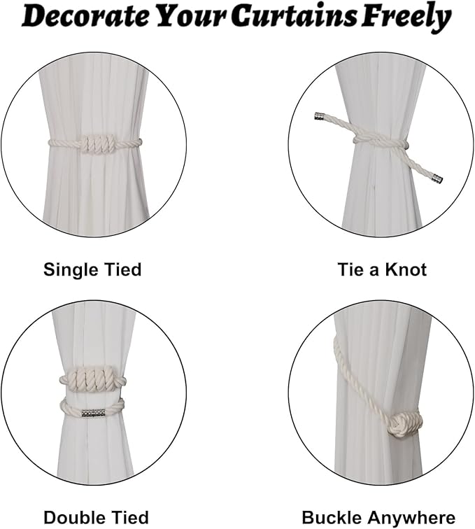 BEL AVENIR Magnetic Cotton Curtain Tiebacks, Decorative Drapery Holdbacks Modern Woven Tie-Backs with Exquisite Knot (Cotton, 2 Pack)