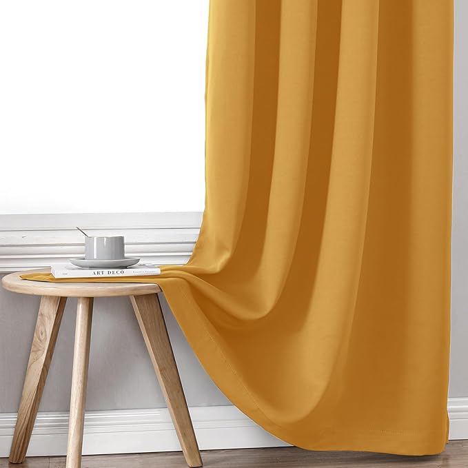 ChrisDowa 100% Blackout Curtains for Bedroom with Black Liner, 2 Thick Layers Total Blackout Thermal Insulated Grommet Small Window Curtains 2 Panels Set (Mustard Yellow, 42 x 54 Inch)