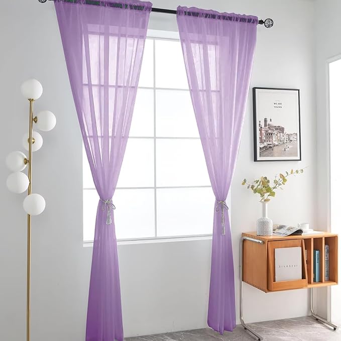 SpaceDresser Lavender Sheer Curtains 4 Panels Rod Pocket Semi-Sheer Curtain 96 Inches Long Light Filtering Voile Window Drapes for Bedroom Living Room Kitchen, Each 52W x 96L