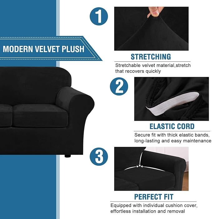 H.VERSAILTEX Velvet 4 Piece High Stretch Sofa Slipcover Cover Furniture Protector Form Fit Thick Velvet Extra Large Sofa Cover for 3 Cushion Couch Width Up to 105 Inch(XL Sofa, Jet Black)