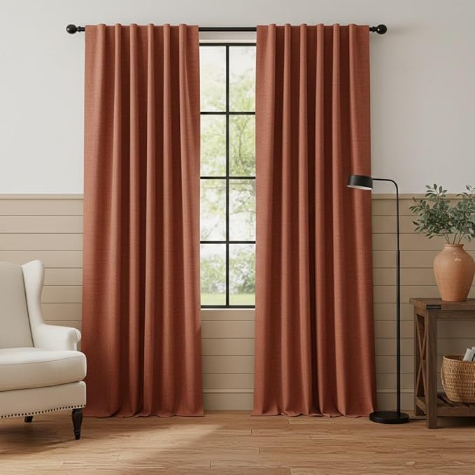 RYB HOME 100% Blackout Linen Textured Curtains 108 inches Long, Insulating Privacy Energy Saving for Bedroom Living Room Window Office Theater Patio Door, W 52 x L 108 in, Terracotta, 2 Panels