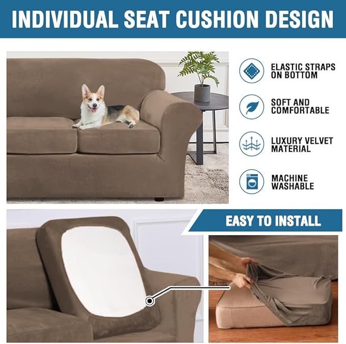 H.VERSAILTEX Modern Velvet Plush 4 Piece High Stretch Sofa Slipcover Furniture Protector Form Fit Velvet Extra Large Sofa Cover for 3 Cushion Couch Width Up to 105 Inch (XL Sofa, Mocha)