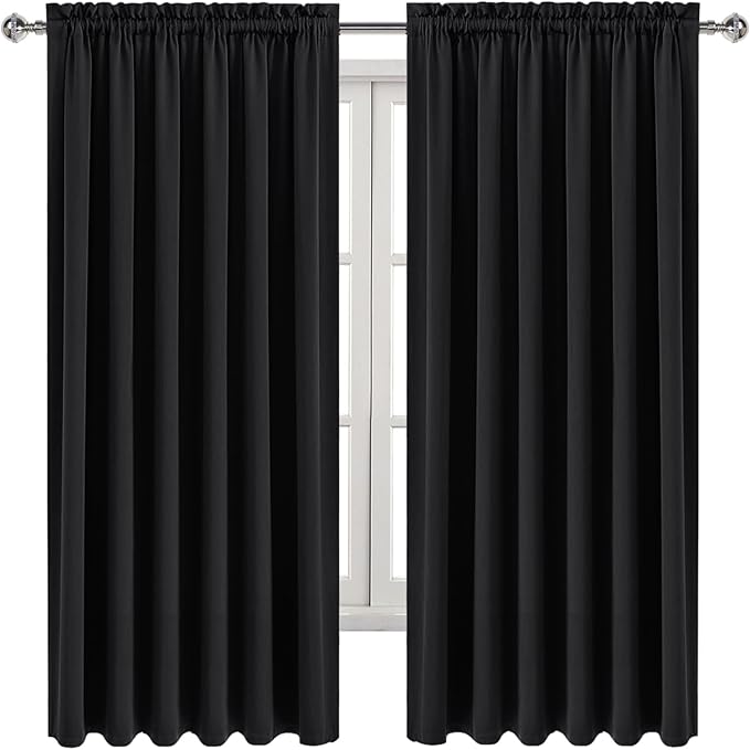 DWCN Blackout Curtains for Living Room Thermal Insulated, Energy Saving & Noise Reducing Bedroom Curtains, Black, W 70x L 72 Inch, Set of 2 Rod Pocket Curtain Panels