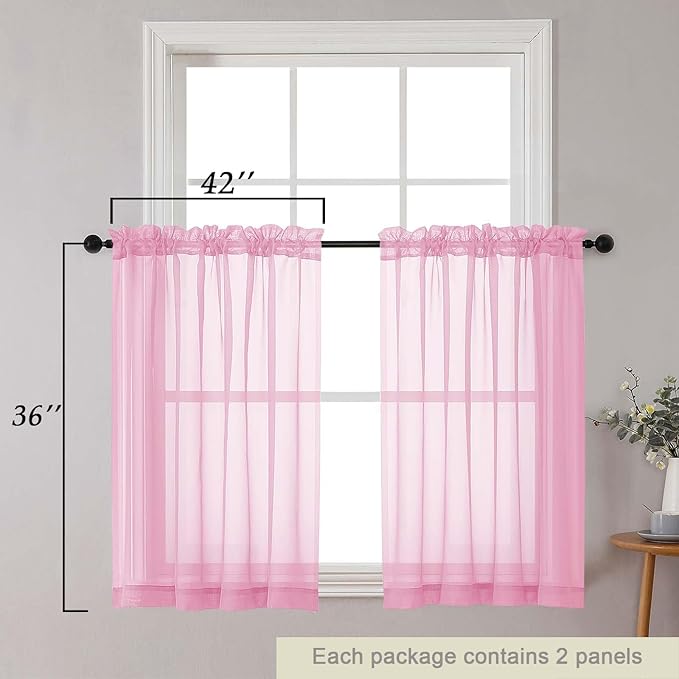 Cafe Curtains 36 Inch Length Tier 2 Pieces, Modern Soft Airy Sheer Kitchen Short Curtains for Small Window, Rod Pocket Small Curtain for Bathroom Basement, Pink, Each, 42" Wx36 L Inches