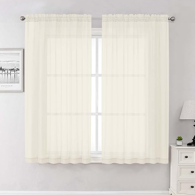Lecloud Cream Sheer Curtains 63 Inch Length 2 Panels, Rod Pocket Light Filtering Bedroom Curtains for Living Room, Window Treatments Solid Voile Drapes for Bathroom, Each Panel 59" W x 63" L