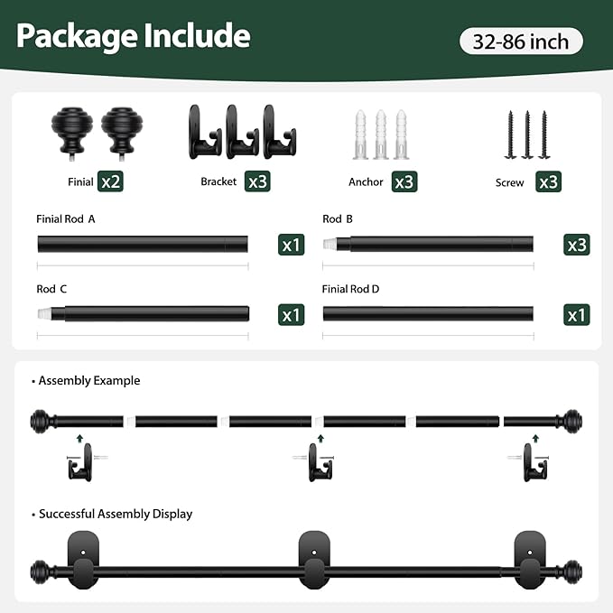 KAMANINA Curtain Rods No Drilling for Windows 32 to 86 Inches, 5/8 Inch Adjustable Renter Friendly Curain Rod with 3M Adhesive Brackets without Drilling, Black