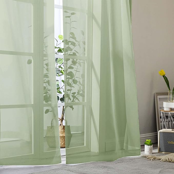 Extra Long Sheer Light Green Curtains for Bedroom Living Room 120 Inches Long 2 Panels Set, Solid Soft Light Filtering Rod Pocket Sheer Window Curtains, Light Green, Each 42" Wx120 L Inch