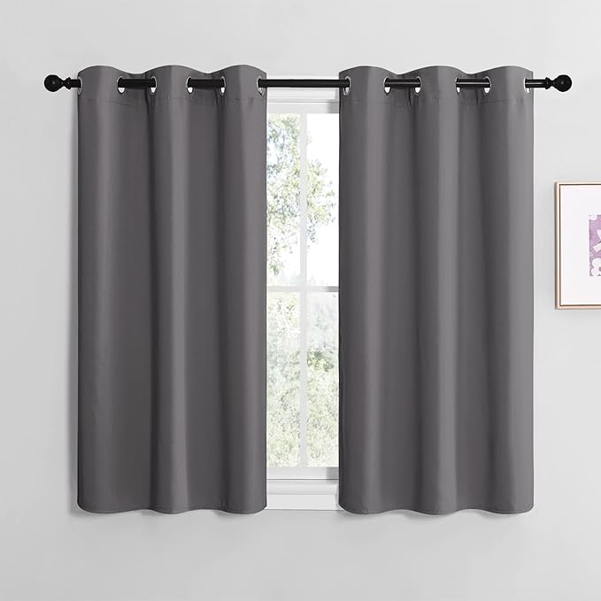 NICETOWN Grey Blackout Cafe Curtain Panels for Bedroom, Thermal Insulated Grommet Top Blackout Draperies and Drapes for Basement (2 Panels, W42 x L40-inch, Grey)