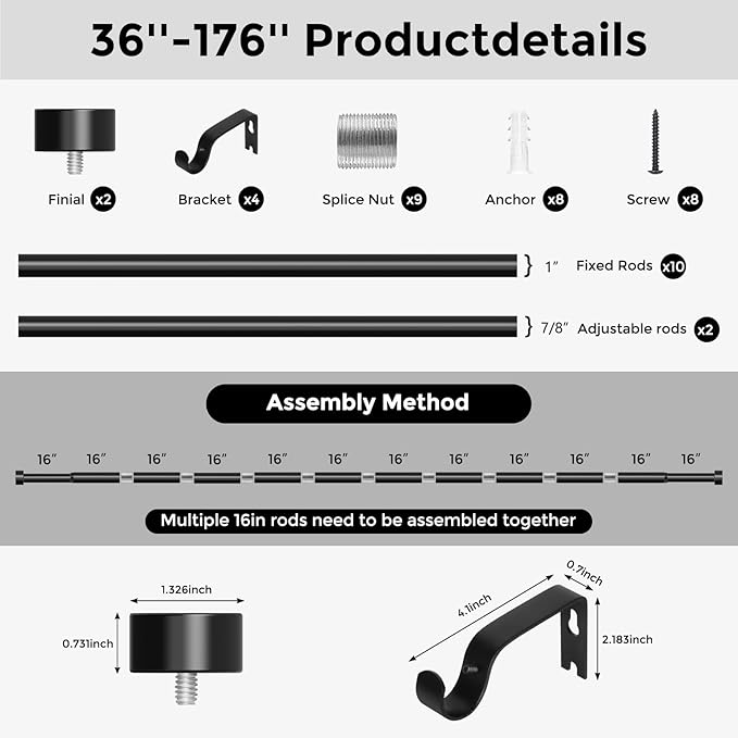 Black Curtain Rods for Windows 120 to 170 Inch(3-14 Feet),extra long drapery rod for large window,1" Diameter Rods with Modern Style End Cap Finials,Size:36-176 Inch